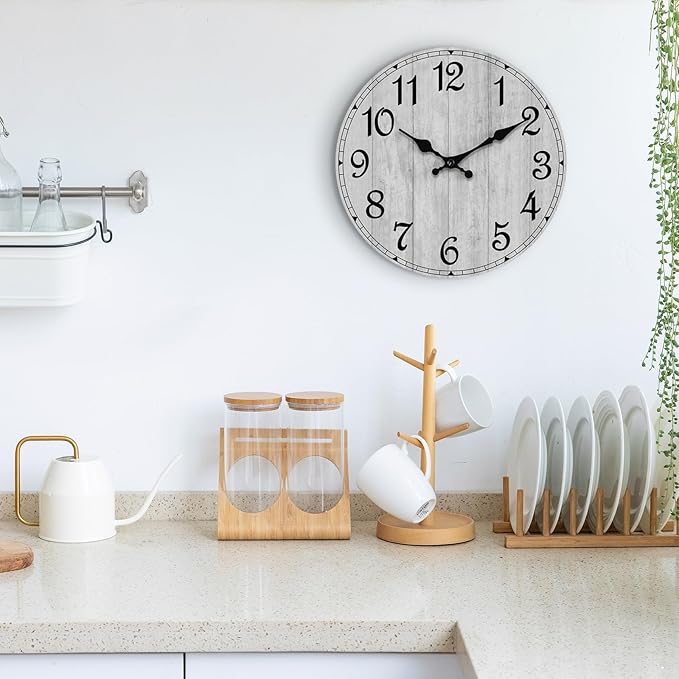 HYLANDA Wall Clock, Rustic Wall Clocks Battery Operated Silent Non Ticking, Country Round Wooden Clocks Farmhous Wall Decorative for Kitchen, Bathroom, Living Room (Gray 8 Inch)