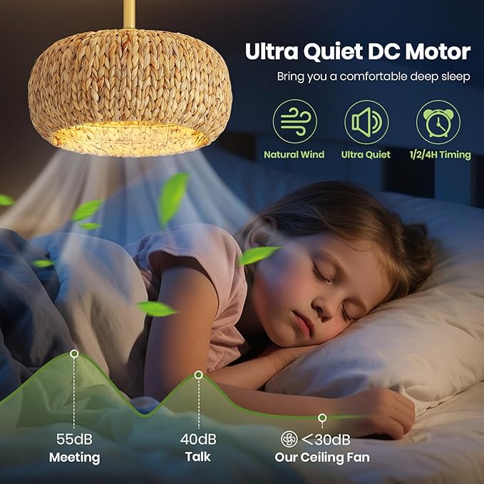 17.7" Caged Rattan Ceiling Fans with Lights, Boho Flush Mount Ceiling Fan with Light, Low Profile Chandelier 6 Speed Bladeless Reversible Ceiling Fan for Living Room Bedroom kitchen island dining room