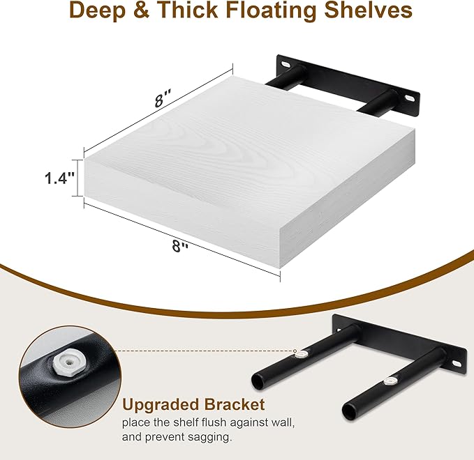 8 Inch Deep Floating Shelves White, Rustic Wood Floating Shelf for Home Decor, 8 x 8 Inch Square Wall Shelves, Wooden Storage & Display Shelves for Kitchen, Bathroom, Living Room, Set of 2