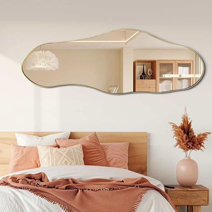Irregular Mirror Full Length, 63"x22.5" Asymmetrical Wall Mirrors with Gold Metal Frame, Large Modern Abstract Unique Shaped Mirror for Living Room Bathroom Bedroom Hallway Entryway