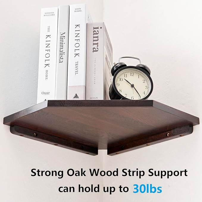 Corner Shelves Wall Mount, Set of 2 Solid Oak Wood Floating Corner Shelves with Wire Hole Display Shelf with Wire Hole Small Plant Display for Kitchen Living Room Bedroom
