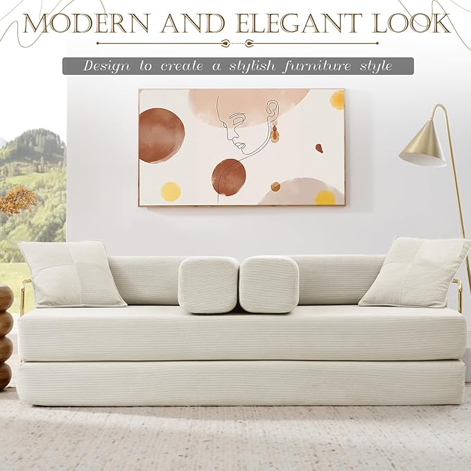 Antetek Convertible Futon Sofa Bed, 3-Seater Modern Corduroy Foam Floor King Size Bed Fold Out Sleeper Lounge Loveseat Sofa Couch with 2 Throw Pillows for Living Room Bedroom Guest Room, Beige