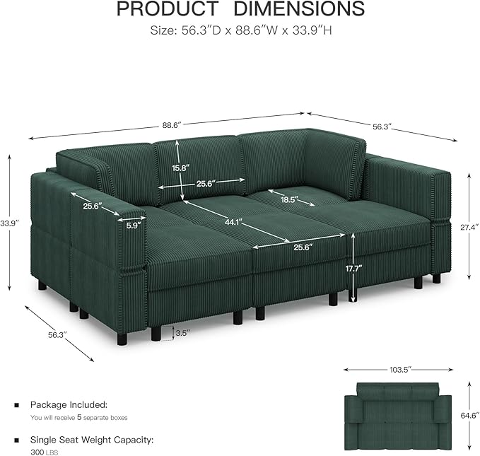 88.6" Modular Sectional Sofa with Sleeper Sofa,6 Seat Corduroy Sectional Couch with Deep Storage Seat,Upholstered Sectional Couches for Living Room,Green
