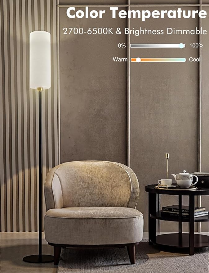 YHW LED Floor Lamp for Living Room with 3 Color Temperatures, Standing Lamp Tall Industrial Reading for Bedroom, Office, 12W LED Bulb, Beige Lampshade Included 68.89‘’