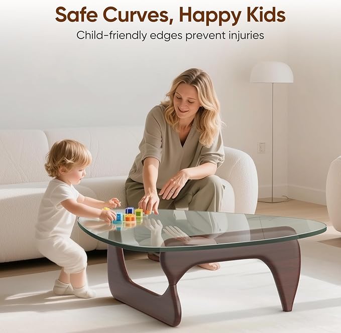 Triangle Glass Coffee Table with Solid Wood Base, 0.8'' Thick Clear Glass Top, 51'' Width Mid Century Modern Coffee Table for Living Room Bedroom Reception (Dark Walnut)