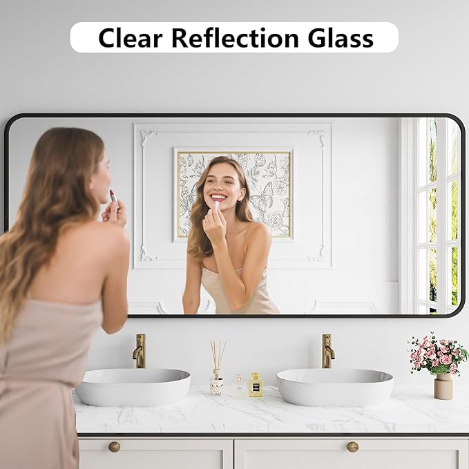 Koonmi Bathroom Mirror, 32X72 Brushed Black Rectangle Wall Mirror, HD Tempered Glass, Anti-Rust Frame Vanity Mirror, Rounded Rectangle Mirror for Restroom, Bedroom, Hangs Horizontal or Vertical