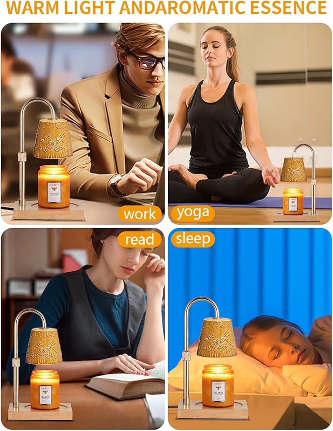 Ceramic Candle Warmer Lamp Dimmable Electric Lamp Candle Warmer for Jar Scented Candles Adjustable Height Mothers Day Birthday Gifts for Women Mom Grandma Offices Home Decor Light(Yellow Dragonfly)