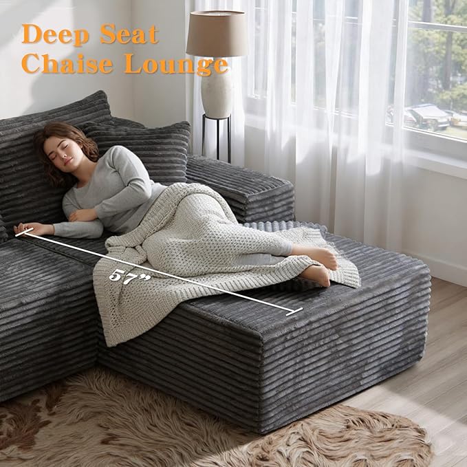 106'' Boneless Couches for Living Room, L Shaped Modular Sectional Sofa with Chaise Lounge, Faux Rabbit Fur & Layered Cushion Deep Seat Cloud Couch, No Assembly (Dark Grey, Right Facing Chaise)