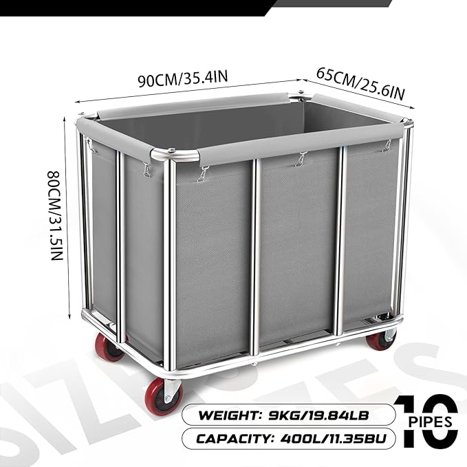 Commercial Laundry Cart on Wheels, 11.35 Bushels Large Laundry Roller, Heavy Duty Stainless Steel, Gray-10