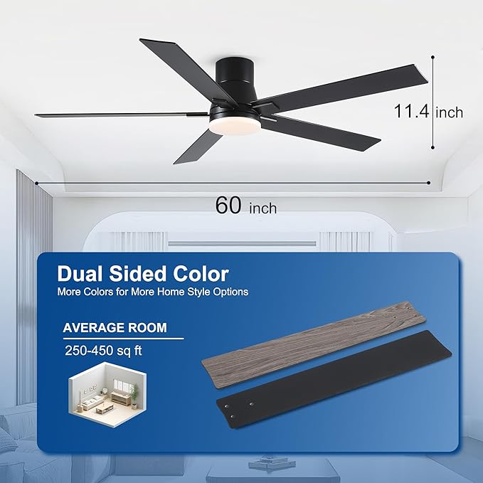 Rayqueen 60 Inch Ceiling Fans with Lights and Remote,Flush Mount Black Ceiling Fan,6 Speed Reversible DC Motor,3CCT Dimmable LED-Low Profile Design for Bedroom, Living room & Covered Outdoor