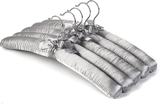 Grey Satin Padded Sweater Hangers 5 Pack, Blouse Hanger with Thick & Soft Foam for Bridal Wedding Dress Lingerie, Smooth Silk Covered Shirt Hanger Without Shoulder Bump