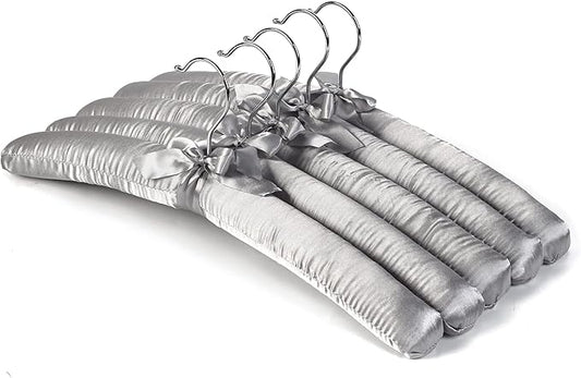 Grey Satin Padded Sweater Hangers 5 Pack, Blouse Hanger with Thick & Soft Foam for Bridal Wedding Dress Lingerie, Smooth Silk Covered Shirt Hanger Without Shoulder Bump