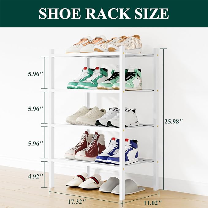Smiry Shoe Rack, 4 Tier Small Bamboo Shoe Organizer, Stackable Free Standing Wooden Shoe Storage Shelf for Closet, Entryway, Front Door Entrance, White
