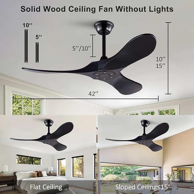 42 Inch Solid Wood Ceiling Fan with Remote,Black Ceiling Fan no Light,6 Speeds,Noiseless,Reversible DC Motor,Modern Ceiling Fans without Lights for Outdoor Indoor Bedroom Farmhouse,Patios