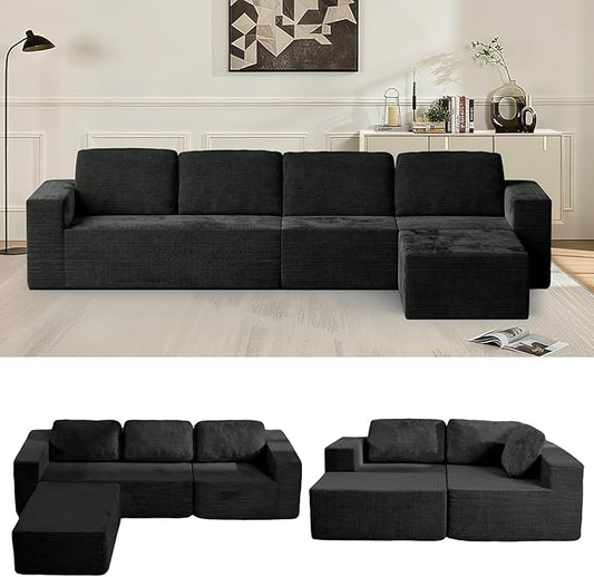 136" Cloud Sectional Couch, Left/Right Facing Convertible Sofa with Deep Seat, L-Shape Modular Upholstered Foam Couch for Living Room Bedroom, No Assembly Required (Corduroy Fabric, Black)