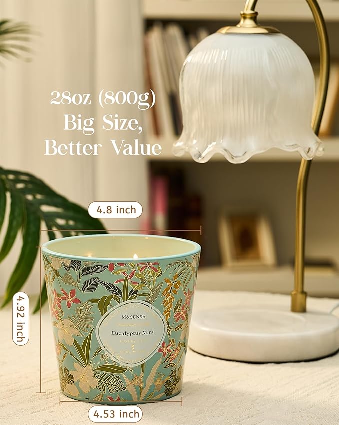 M&SENSE Eucalyptus Mint Scented Candle, 28.2oz 3 Wick Natural Soy Wax Large Candles, Long Lasting Clean Slow Burning No Toxic Décor for Home Relaxation, Romantic Dates Gift-Giving