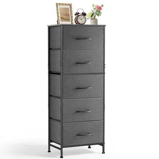 Nightstand, 5 Drawer Dresser End Table Bedside Furniture with Wooden Top Steel Frame Fabric Bins for Bedroom, Closet, Entryway, Dorm, Living Room, Gray