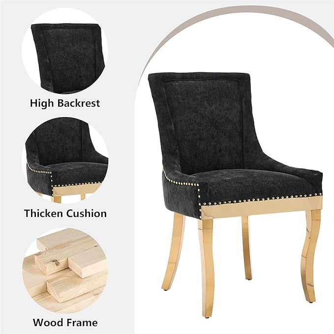 Luxury Fabirc Upholstered Dining Chairs Set of 4,Neutral Chenille Kitchen Room Chair with Nailhead Trim,4 Piece Modern Side Chairs for Dining Room,Living Room,Bar (Black-Gold, Set of 4)