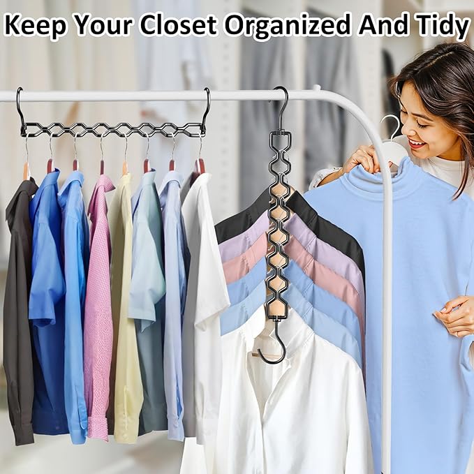 6 Pack Space Saving Hangers for Clothes, Heavy Duty 30Lbs Capacity Magic Clothes Space Saver Sturdy Metal Hanger Organizer with 360° Swivel Hook, Closet Organizers Storage Dorm Essentials Black