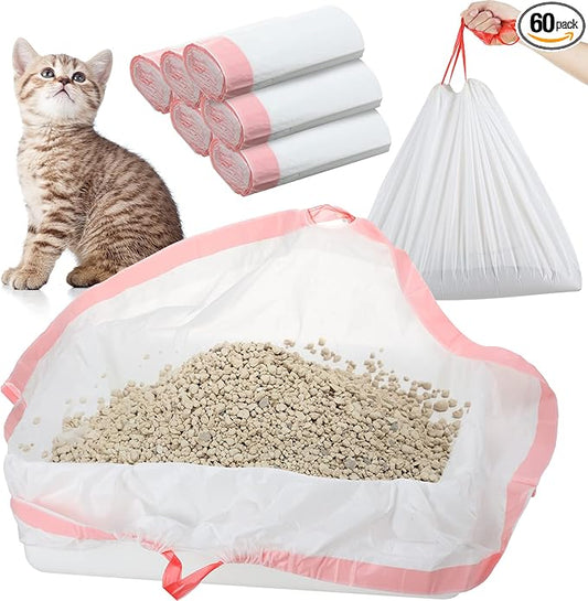 Thenshop 60 Count Jumbo Cat Pan Liners 36'' x 18'' Extra Large Disposable Cat Bags Drawstring Supplies Extra Large Disposable Litter Bags Box Liners for Trash Waste(Pink)
