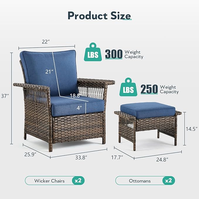 4 Pieces Wicker Patio Furniture Set - Hollow Widen Armrests Comfy Outdoor Rattan Chairs with Ottomans, Small Patio Convention Set for Balcony Porch Deck and Yard - Brown/Blue