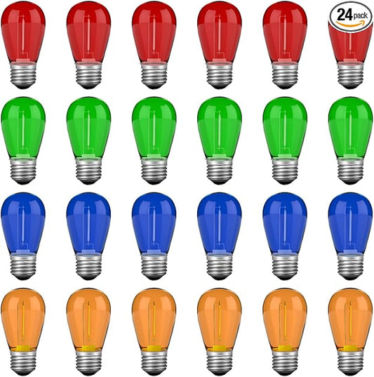 S14 Colored LED String Light Bulbs, 1 Watt Plastic Shatterproof LED Replacement Bulbs for Indoor Outdoor Patio String Light, E26 Medium Base, Multi-Color: Red/Green/Blue/Orange