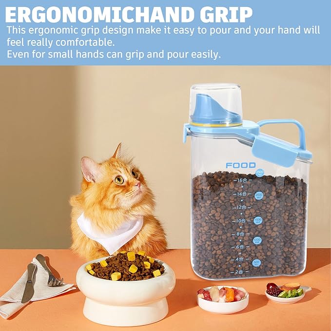Dog Food Storage Container 3-5lbs, Dog Food Container with Airtight Pour Spout, Cat Food Storage Container with Measuring Cups, Portable Pet Food Container for Dogs, Cats, Birds（Blue）