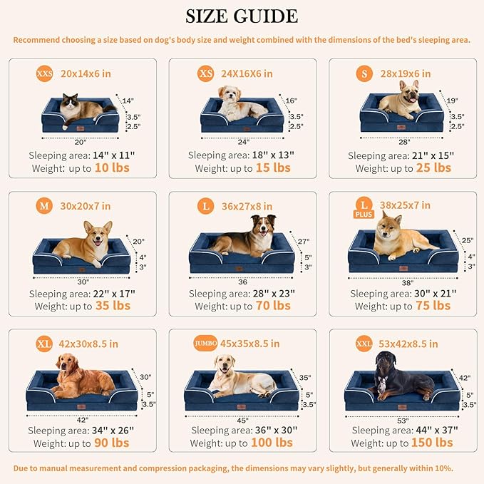 Comfort Expression Extra Large Dog Beds, Waterproof Orthopedic Foam Dog Beds, XL Dogs Bed with Bolster, Washable Dogs Sofa Pet Bed with Removable Cover & Non-Slip Bottom(X-Large,Navy Blue)