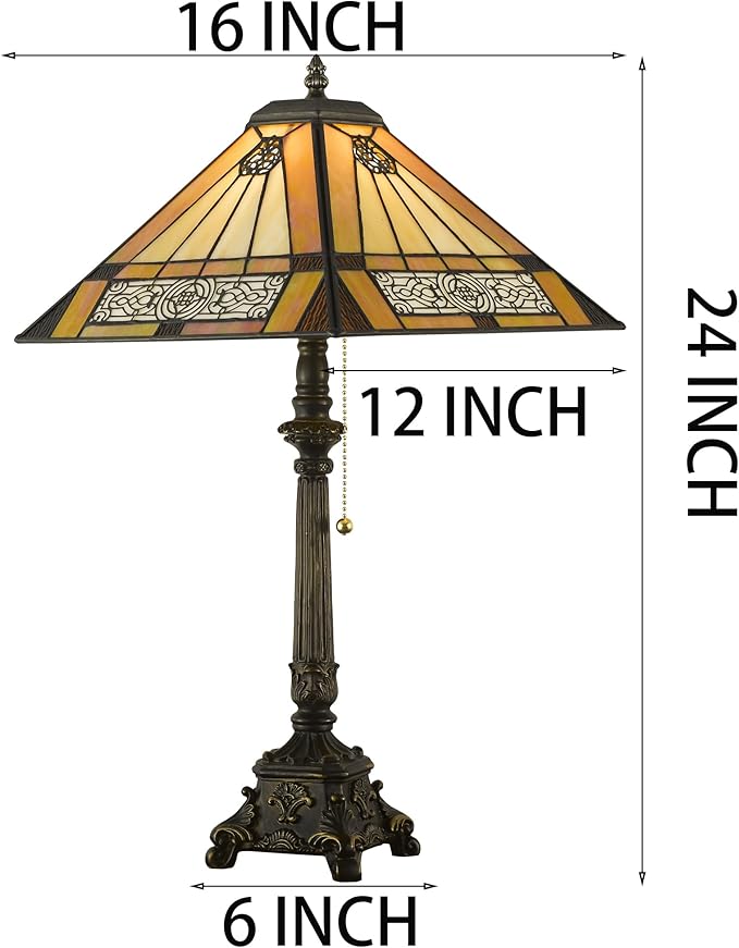 Tiffany Table Lamps Yellow Stained Glass Striped Checkered Style Mission Desk Lamp 12X12X24 Inch Bronze Resin Base