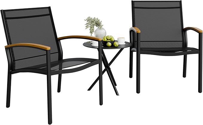 Shintenchi 3 Pieces Patio Bistro Sets, Outdoor Textilene Fabric Conversation Bistro Set, Textilene Fabric Front Porch Chairs Small Patio Furniture Set with Table for Lawn,Garden,Balcony (Black)