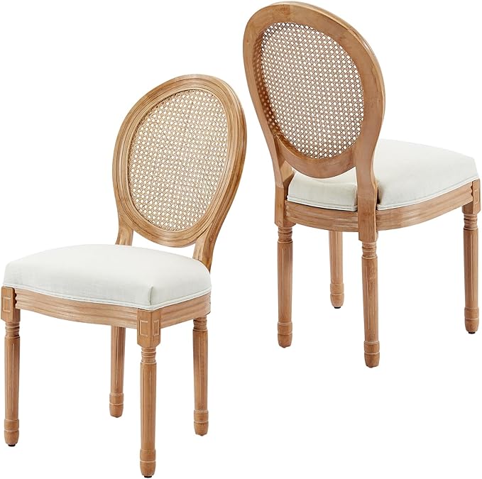 Nrizc French Country Dining Chair Set of 2, Vintage Chic, Upholstered and Carved Wooden Frames, Beige Linen Fabric, Lightweight and Sturdy, Ideal for Dining Room, Kitchen, Living Room, Bedroom