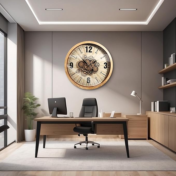 Wall Clocks for Living Room Decor, Large Real Moving Gears Clock, Vintage Industrial Oversized Rustic Farmhouse Kitchen Office Fireplace Wall Decor (Wood Tone, 27 inch)