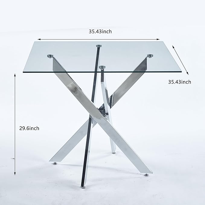 36" Square Dining Table for 4, Modern Clear Glass Kitchen Table for 4 with Silver X Metal Legs, Contemporary Small Glass Dining Room Leisure Tables for Kitchen Apartment
