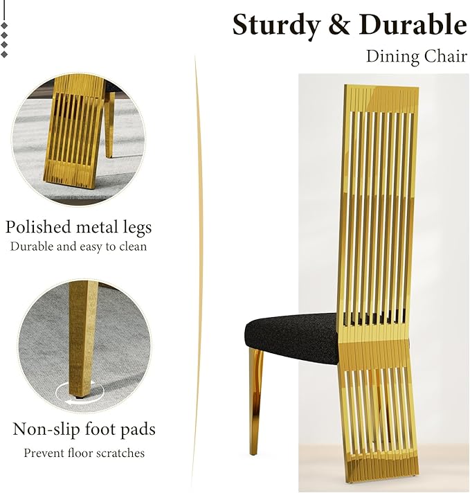Upholstered Dining Chairs, Black and Gold Dining Room Chairs, Luxury Dining Chairs with Mirrored Metal Legs and Backrest, Set of 10