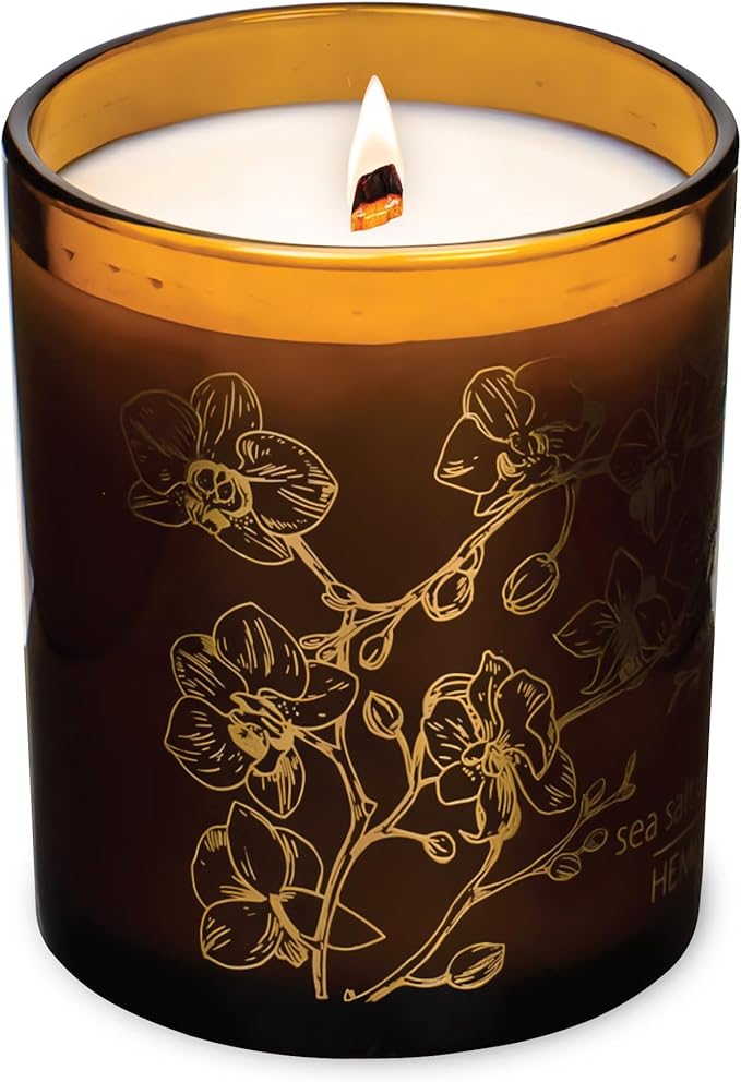 Hemlock Park Amber Gold Leaf Glass Wood Wick Candle Handcrafted with Natural Coconut Wax (Standard 7.2 oz, Sea Salt Orchid)