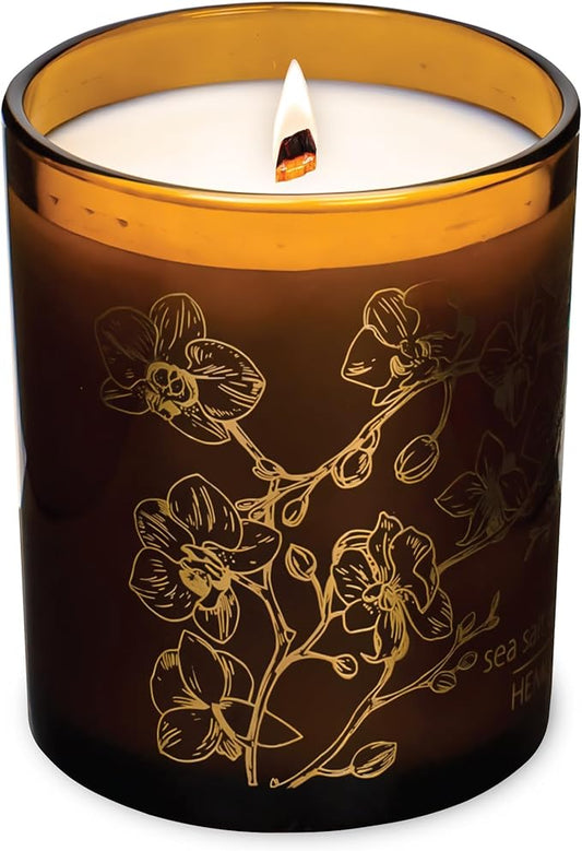 Hemlock Park Amber Gold Leaf Glass Wood Wick Candle Handcrafted with Natural Coconut Wax (Standard 7.2 oz, Sea Salt Orchid)