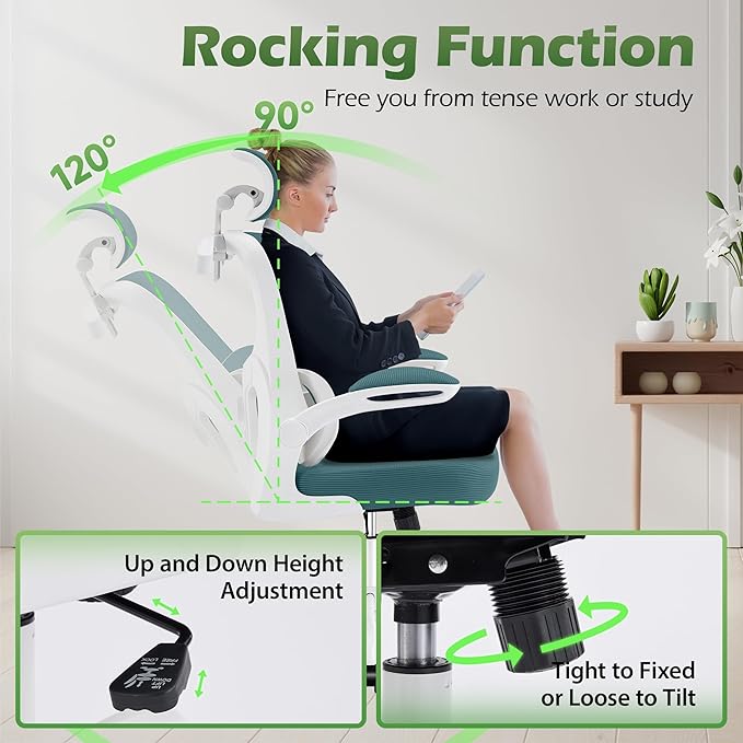 Office Chair Ergonomic Desk Chairs with Adjustable Lumbar Support& Headrest Hanger, High Back Breathable Mesh Chair with Wheels, Rolling Swivel Comfy Task Computer Chair for Home Work Gaming