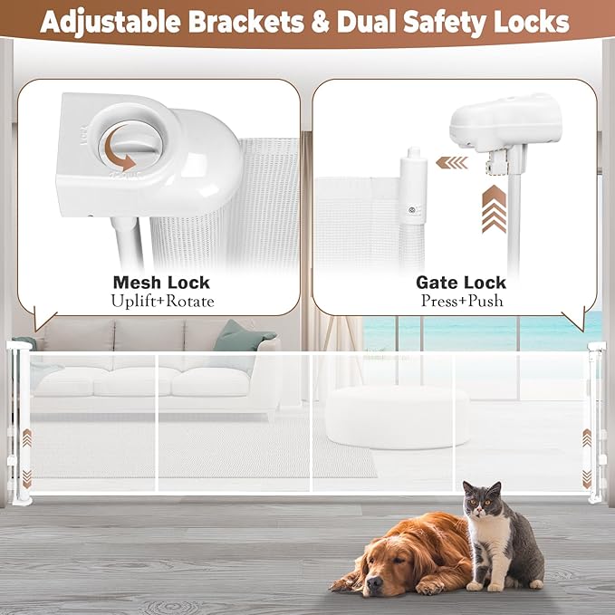 120" Retractable Baby Gate Extra Wide, 41" Tall Retractable Dog Gate for Stairs, Doorways, Decks, Mesh Gate Long Child Gate Pet Gate for Indoor, Outdoor, with Reinforced Mesh Rods, Dual Locks