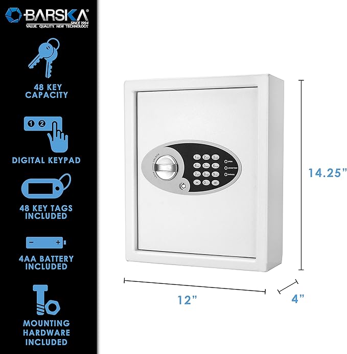 Barska 48-Key Wall Mount Key Cabinet Safe – Digital Keypad Lock Box with Numbered Hooks, Drop Slot, Color Tags & Backup Keys – Steel Construction for Home, Office, Business, School, Hotel