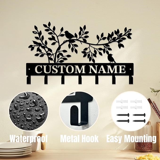 Personalized Custom Name Birds of Trees Wall Key Hooks,Metal Birds of Trees Art Clothes Hooks,Metal Birds of Trees Wall Home Storage Decorative,For Front Door, Hallway, Kitchen, Bedroom(Style A)