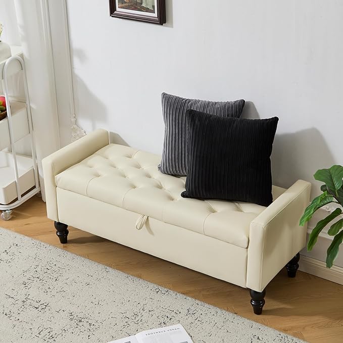 47" Storage Ottoman Bench, End of Bed Bench for Bedroom, Leather Upholstered Ottoman with Storage for Living Room, Entryway, Window (Beige)