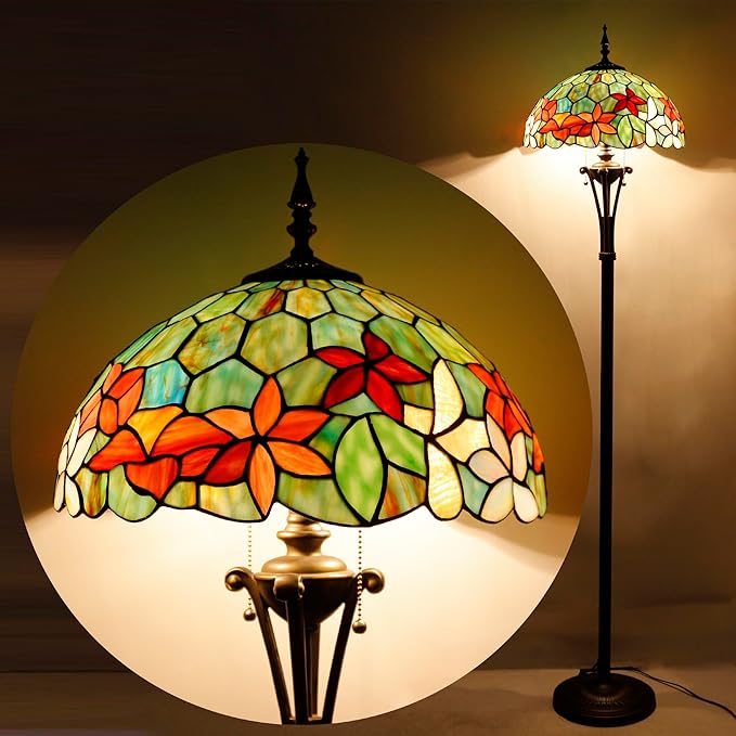 Tiffany Floor Lamp Red Yellow Green Flowers Stained Glass Standing Reading Light 16X16X70 Inches Antique Pole Corner Lamp Decor Bedroom Office Living Room