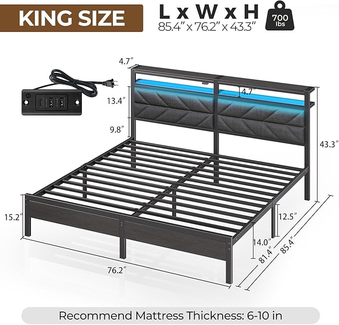 Seventable Bed Frame King Size with Charging Station, LED Bed with Upholstered Storage Headboard, Metal Platform Bed with Under Bed Storage, No Box Spring Needed, Noise Free, Easy Assembly, Grey