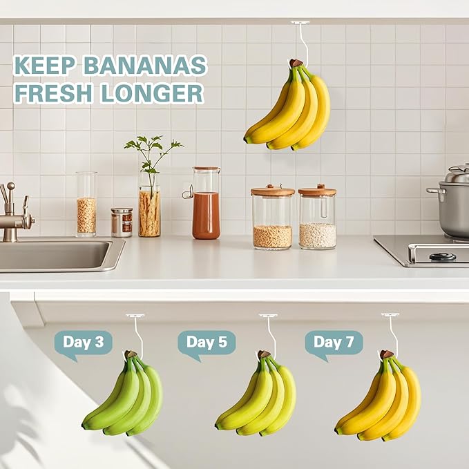 Banana Hanger Hook – Space Saving Banana Holder Hanger to Keep Bananas Fresh, Self Adhesive and Screw Banana Hook 1Pack White