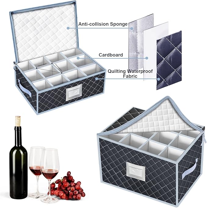 VERONLY China Dinnerware Storage Containers Set- Dish,Mug,Stemware Storage Cases - Quilted Box Bins Stackable with Divider,handles,Clear Window for Cups,Plates,Wine Glasses Moving Set of 6 (Grey