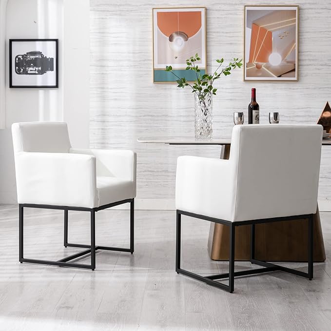 Set of 2 Upholstered Dining Chairs with Armrest, PU Leather Modern Accent Armchairs, Kitchen & Dining Room Chairs Side Chairs, White