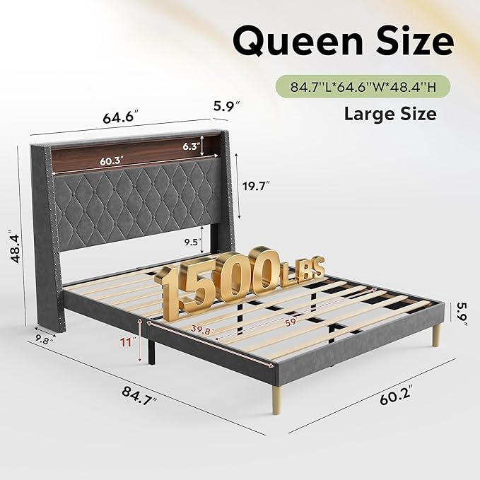 WLIVE Queen Size Upholstered Bed Frame with Storage Headboard, Velvet Square Tufted Platform Bed with Charging Station, Sturdy Metal & Wooden Slats Support, No Box Spring Needed, Grey