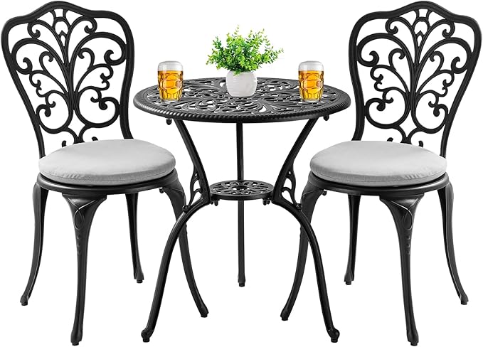 Patio Bistro Set 3 Piece with Cushions, All Weather Bistro Table and Chairs Set of 2 with Umbrella Hole, Outdoor Bistro Set, Cast Aluminum Patio Furniture Set for Garden Porch, Black