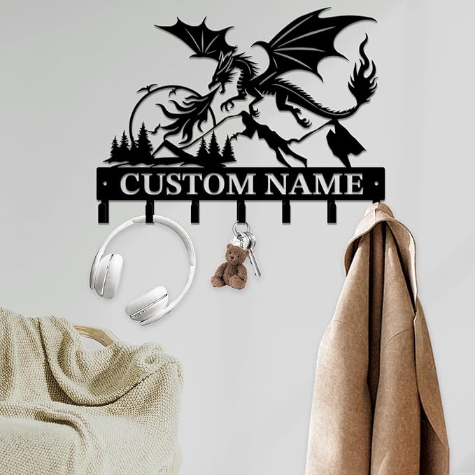 Personalized Evil Dragons Keys Hooks,Custom Name Metal Dragons Art Keys Hooks,Metal Dragons Lover Wall Home Storage Decorative Keys Hooks,Key Holder Hooks for Wall (Style J)