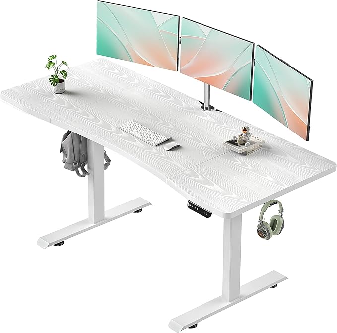Veken 63 x 28 Inch Electric Standing Desk, Sit to Stand Up, Work Home Office Computer Table for Study, Walking Pad, Writing, and Games, Wooden Desktop Desks, White